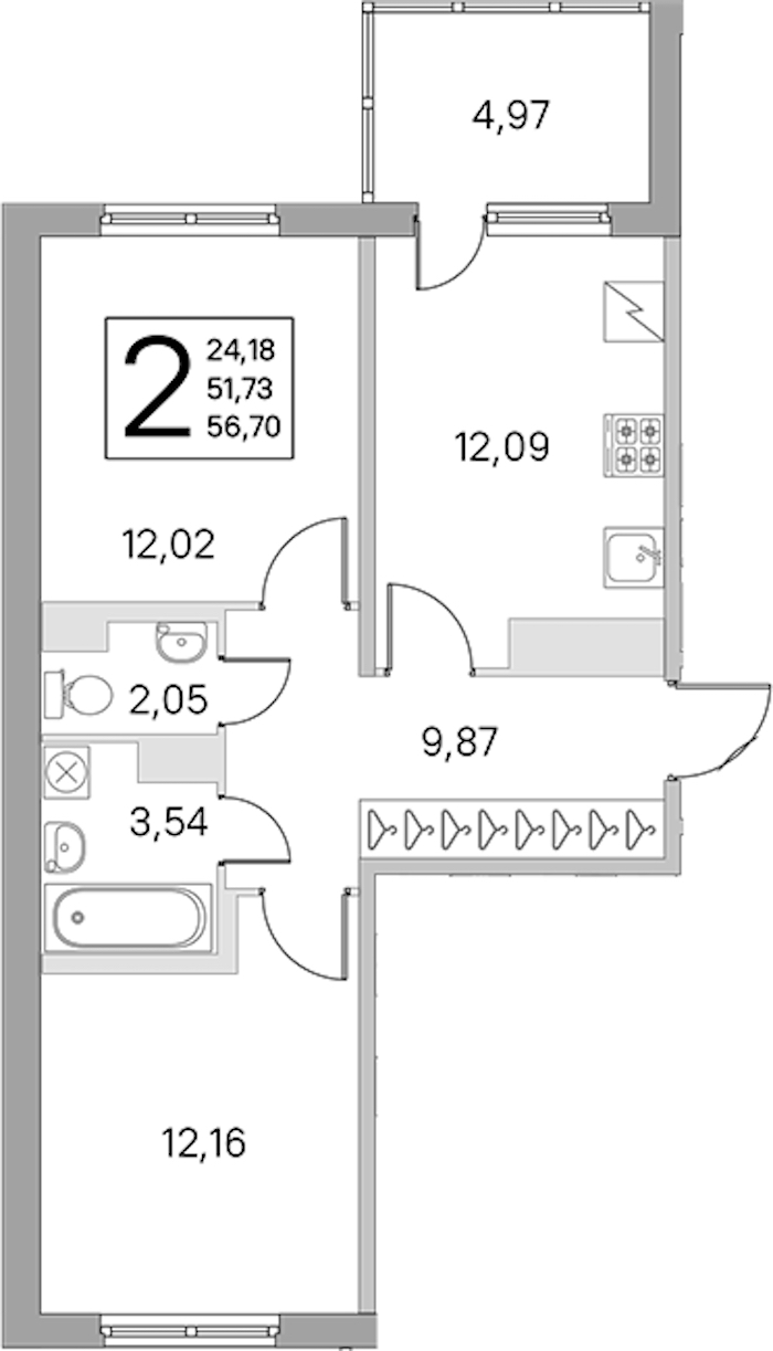 2-комнатная квартира 51.73 м², 3/5 эт., ЖК «ЮгТаун. Олимпийские кварталы»